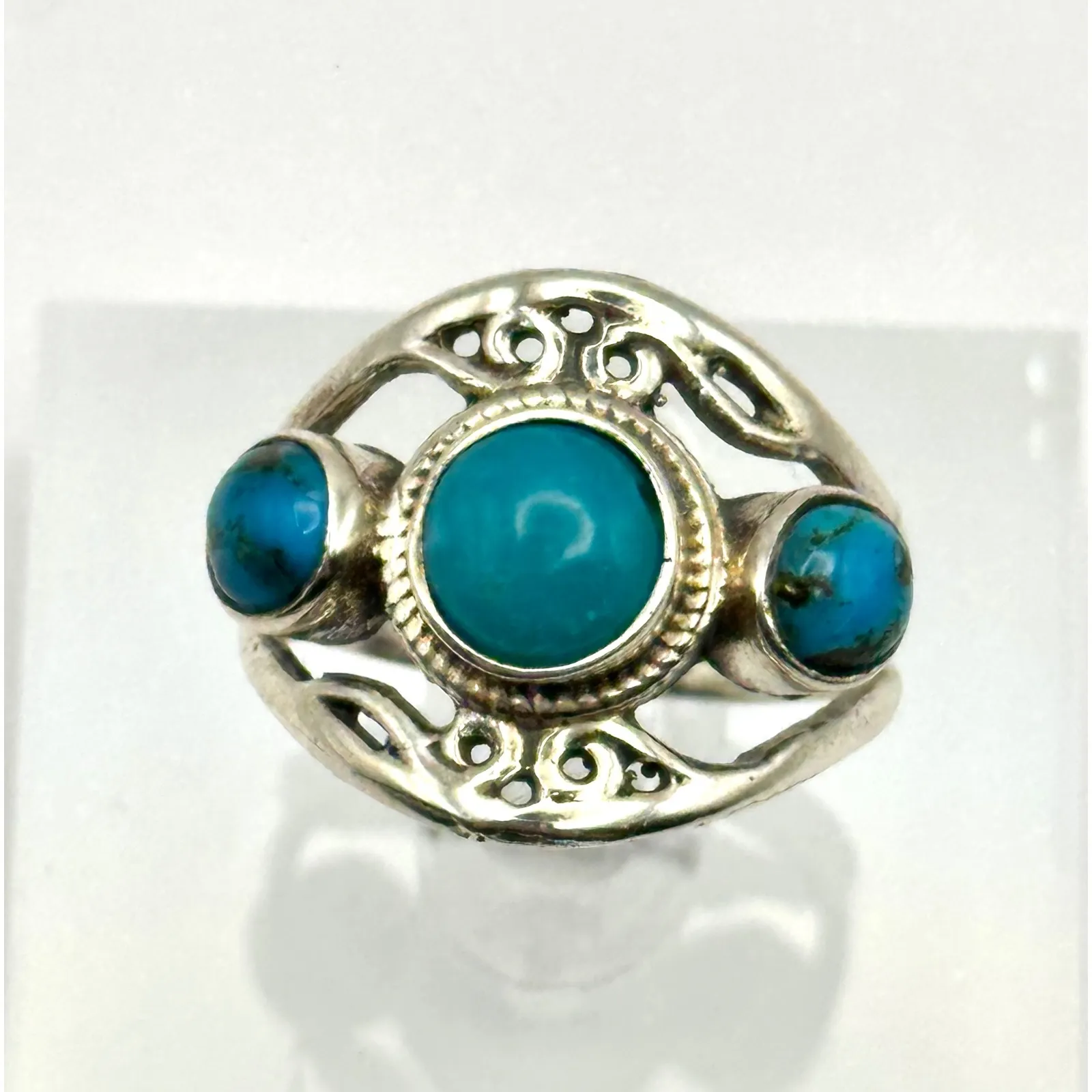 Turquoise Triple Stone Sterling Silver Ring Size 8‎ - Image 2