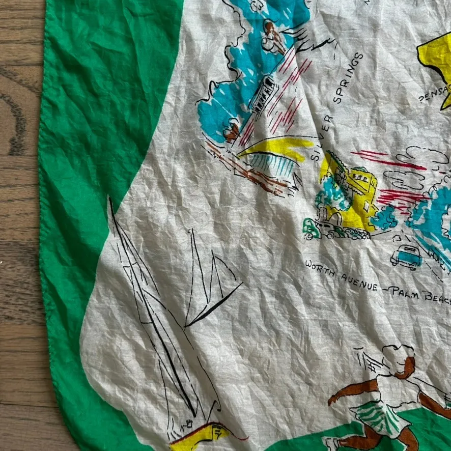 Vintage Florida Souvenir Silk Scarf Retro Land of Sunshine Travel Map Tourist Green - Image 6