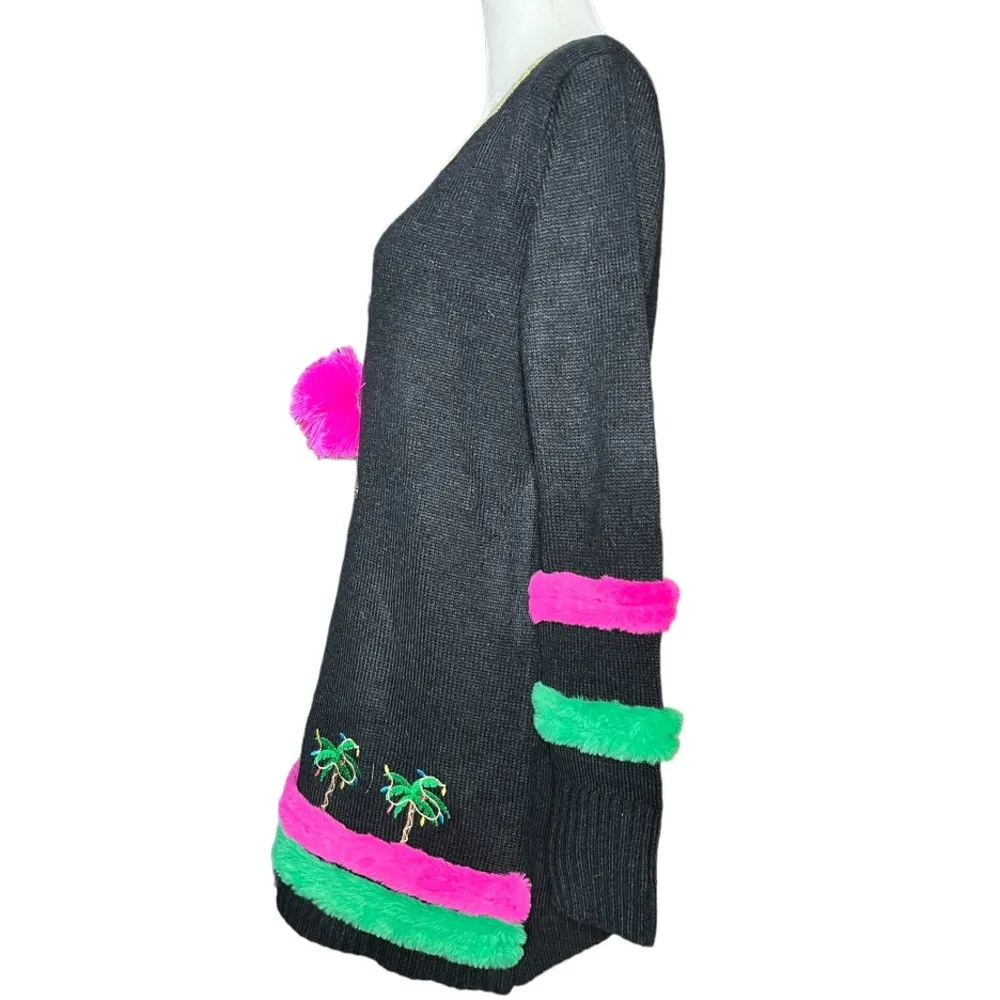 Ugly Christmas sweater pretty flamingo palm trees 99 Jane street tropics small Black - Image 8