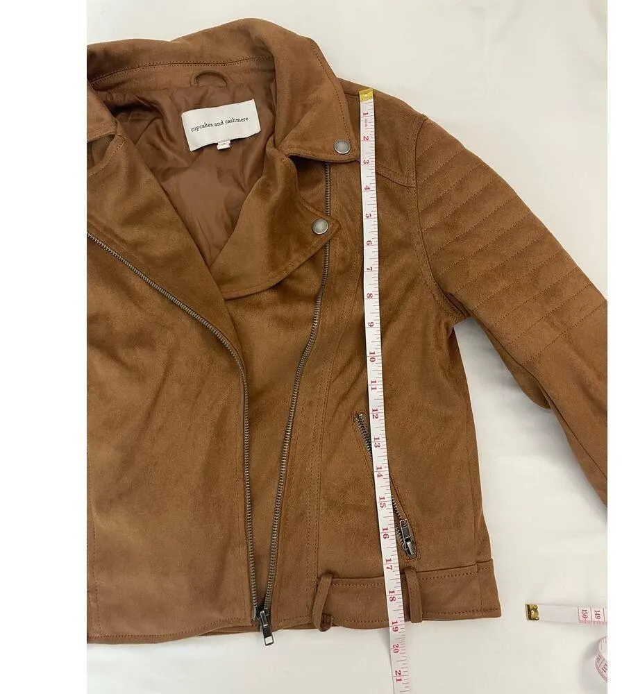 Cupcakes and Cashmere Faux Suede Moto Jacket Brown Tan Buckle Zip Size Small - Image 10