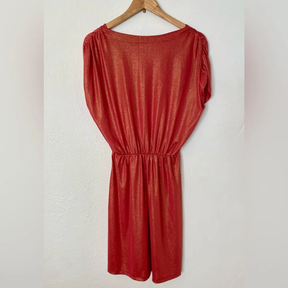 Handmade, Elegant Red shimmer V-Neck midi dress size small, stretchy waist - Image 2