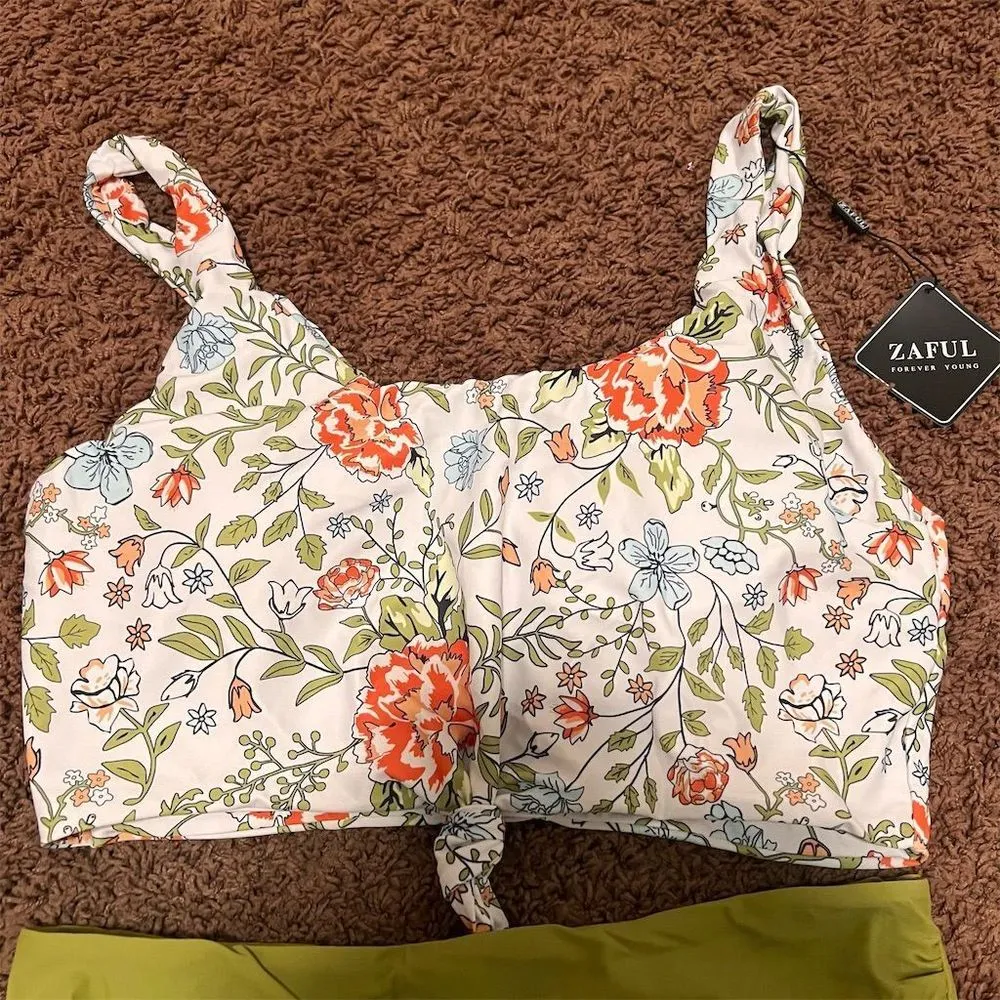 ZAFUL Women's Green Floral Knotted Front Tankini‎ Simwear Set Size XL NWT - Image 3