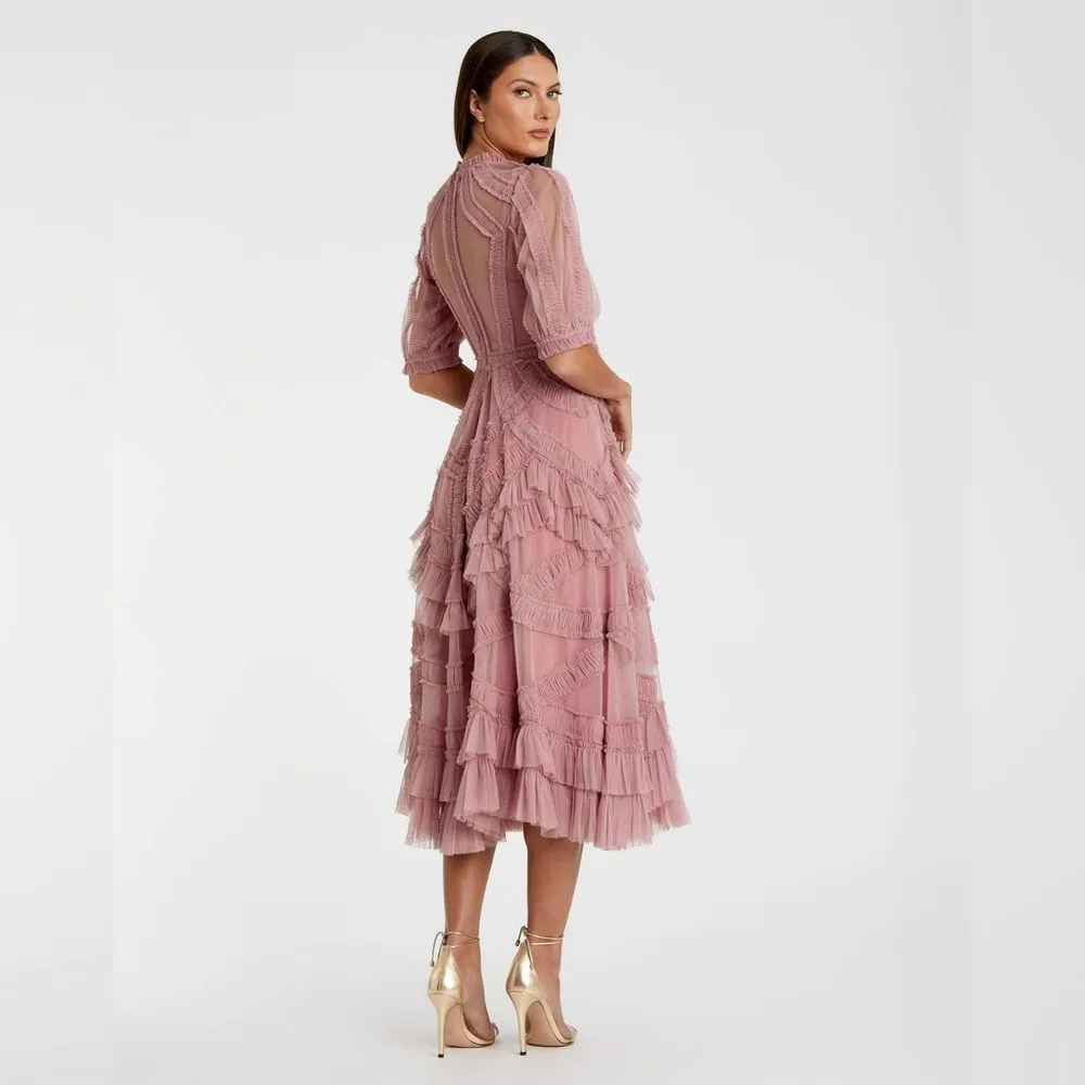 MAC DUGGAL 8058 Pink High Neck Micro Ruffle Tiered Midi Dress - Image 8