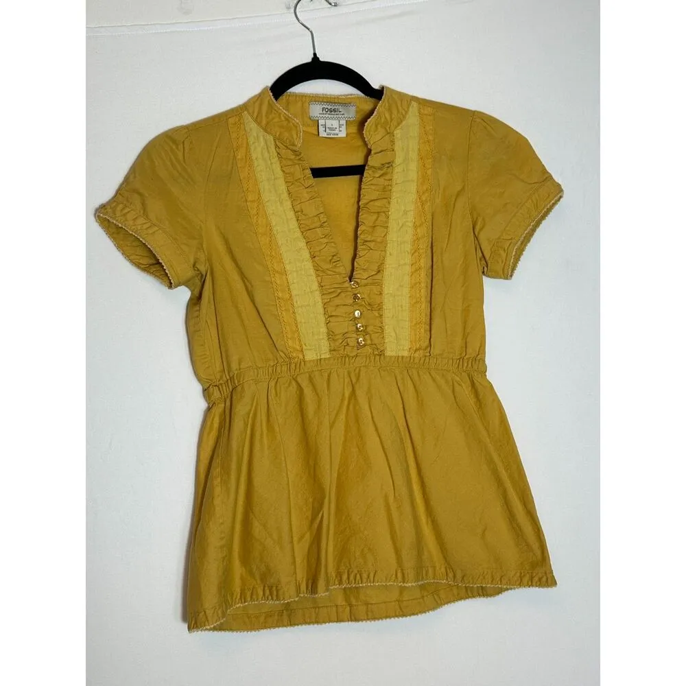 Fossil  Boho Yellow Button Up Shortsleeve Top Size Small - Image 3