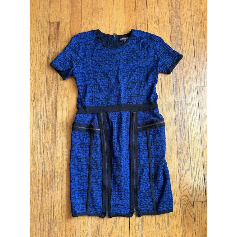 Marchesa Voyage Textured Knit Zip Moto Sheath Dress Size XL Blue Black - Image 2