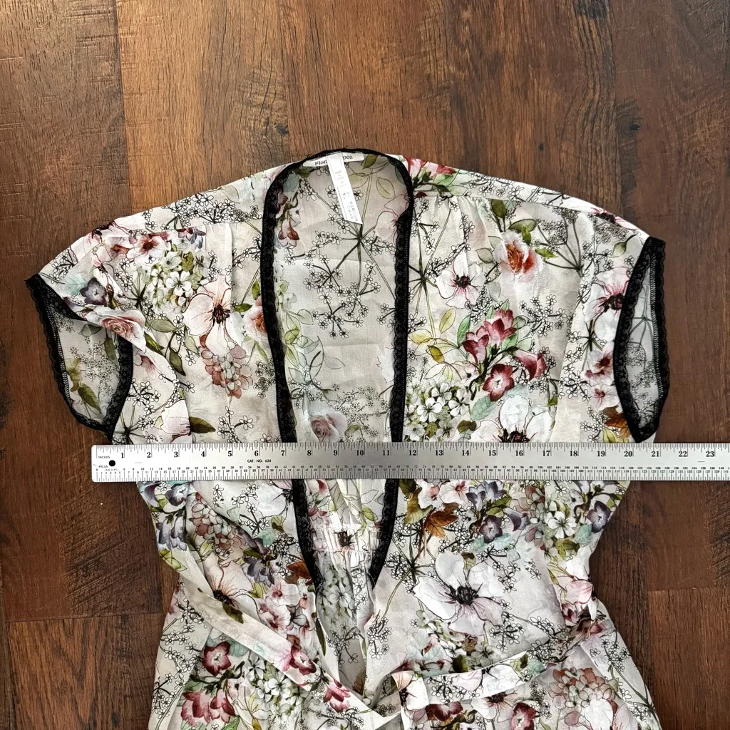 FLORA NIKROOZ short floral sheer wrap intimates robe, size M - Image 4