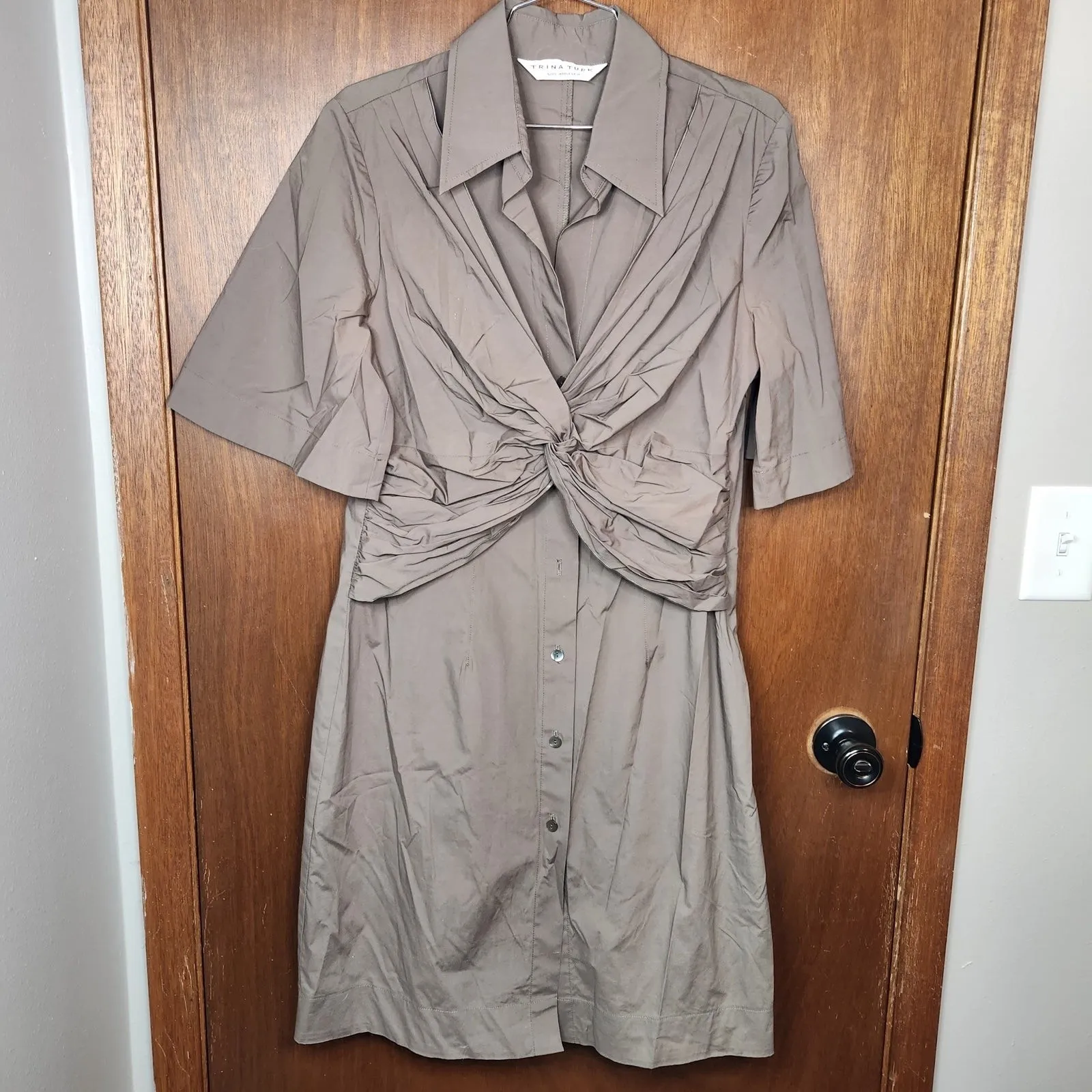 Trina Turk Olive Green Button Down Twist Front Mini Dress - Image 2