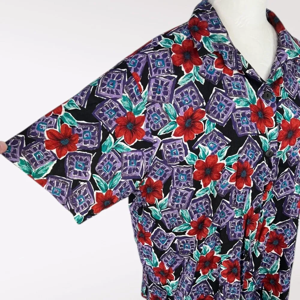 Vintage Fritzi Floral Rayon Short Sleeve Button Up Shirt Multiple Size L - Image 7
