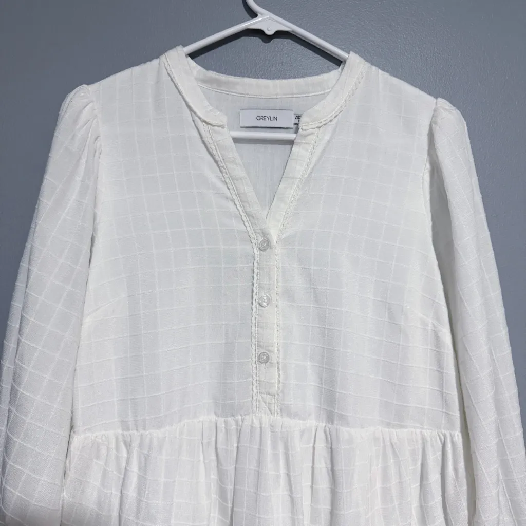 Greylin  Pattern Texture Teagan Windowpane Popover Mini Dress Size Small White - Image 4