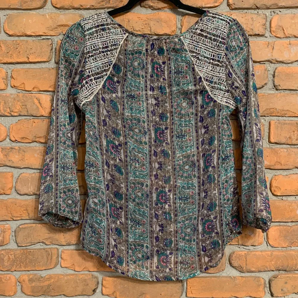 AE American Eagle Top Womens Size XS Boho Peasant Blouse Floral Paisley Metallic - Image 4