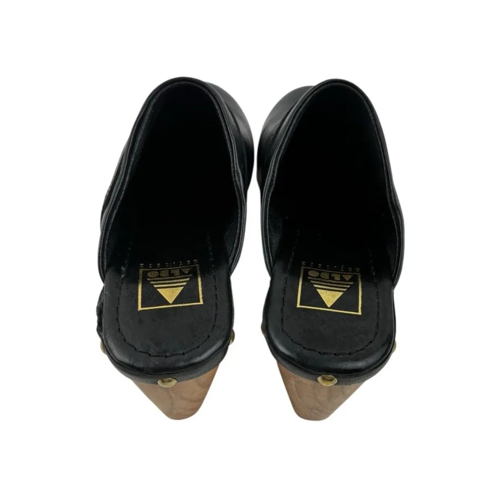 Vitg Y2KAldo Clog Womens 8 Black Leather Wedge Boho Hippie Penny Lane Festival - Image 6