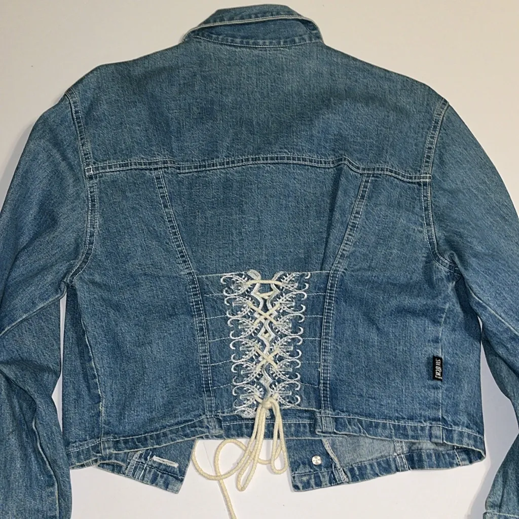 Vintage cropped Jean Jacket embroidered lace • SWITCH • cropped jacket • denim Size L - Image 8