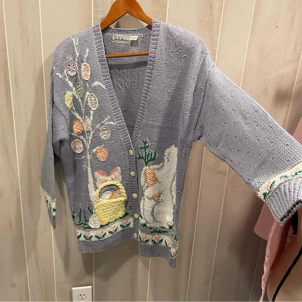 Vintage 80’s Belle Pointe lavender bunny easter spring cardigan chunky oversize Purple Size L - Image 8