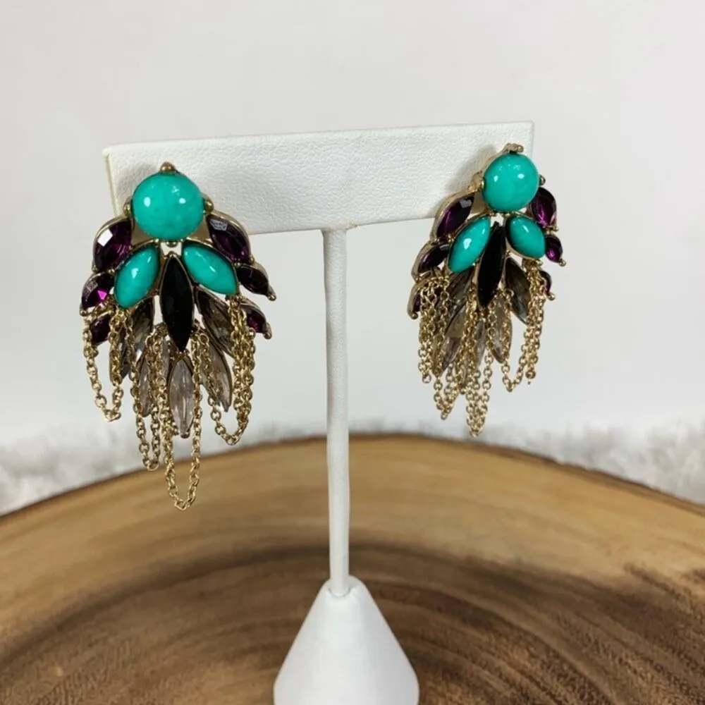 Turquoise Purple Stone Earrings Gold Chain Glam Green - Image 3