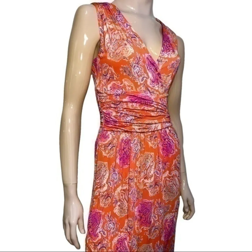 Etro Women’s Size 40 4 Orange Pink Paisley Surplice Cinched Waist Flowy Dress - Image 3