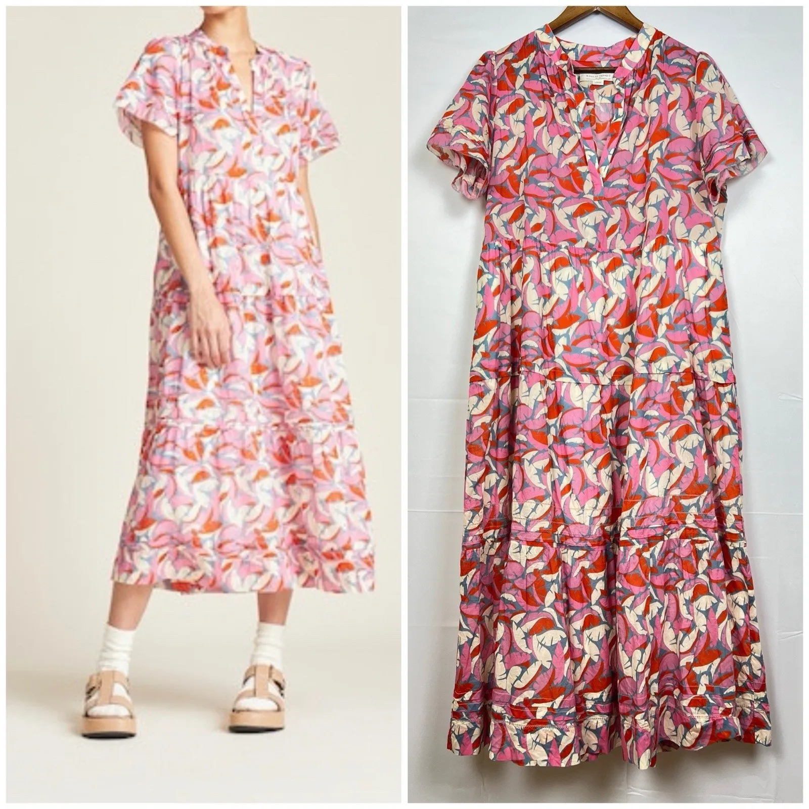 Birds of Paradis by TROVATA Pink Tropical Print Tiered Boho Midi Dress L - Image 3