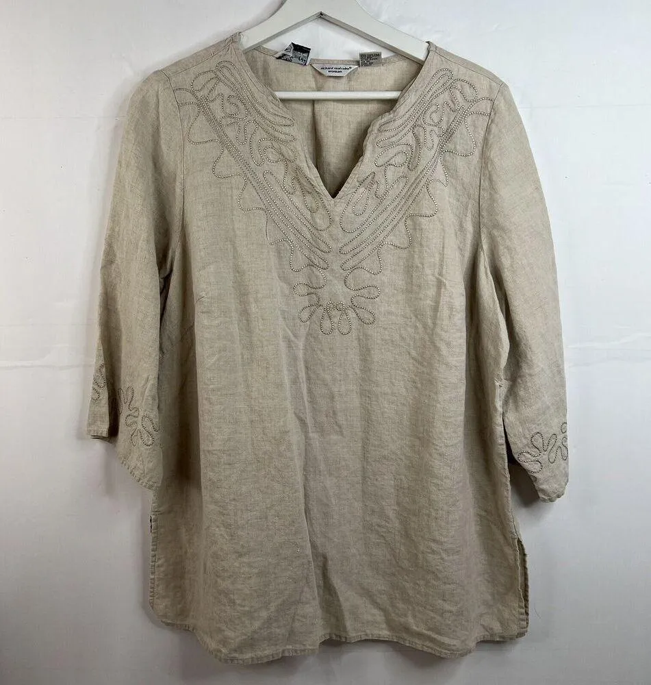 VTG Woman’s Sz 1X Tunic Top Irish Linen Embroidered Lagenlook Long Sleeve Shirt Tan - Image 2