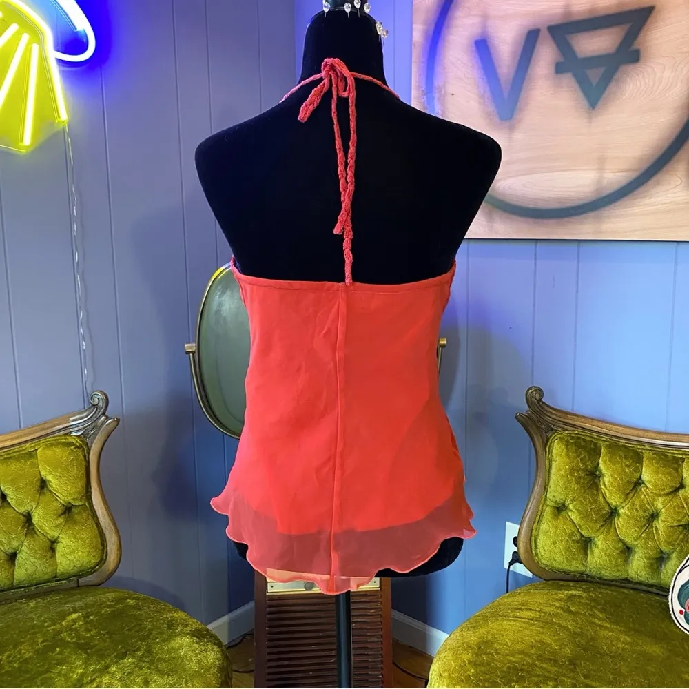Vintage Y2K Johnathan Martin Coral Chiffon & Crochet Sequin Halter Top Size M/L - Image 4