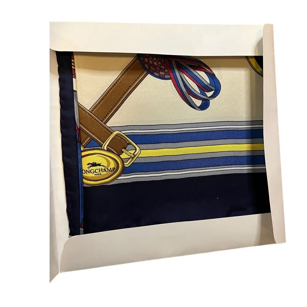 Longchamp Square Silk Scarf Ribbon Design Navy Border 90x90 cm 35x35 inches - Image 5