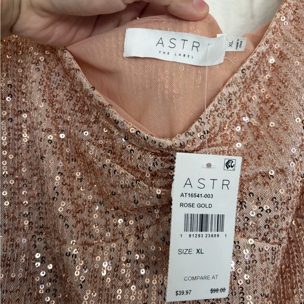 Astr  Rose Gold Sequin bodysuit Top size XL NWT - Image 3