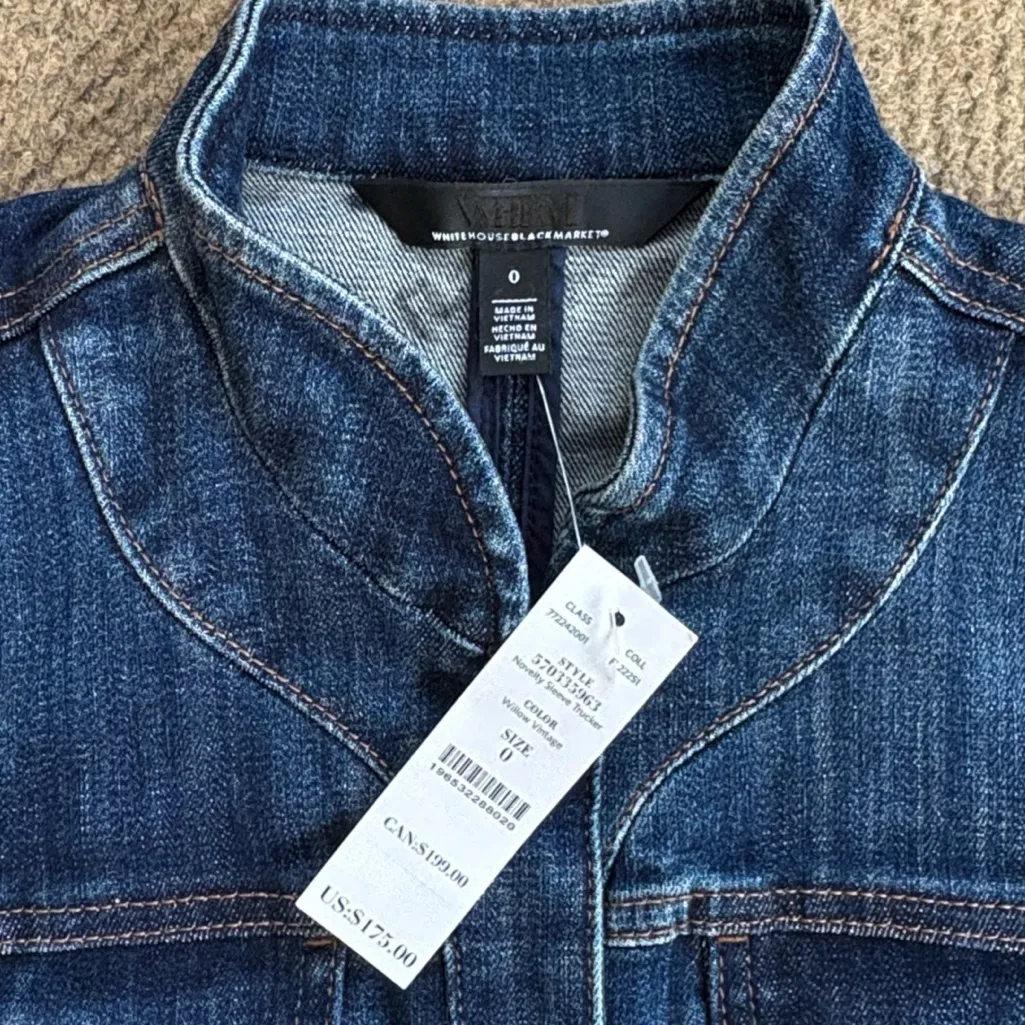 NWT White House Black Market Novelty Sleeve Trucker Jean Jacket Size 0 Rtl. $175 - Image 3