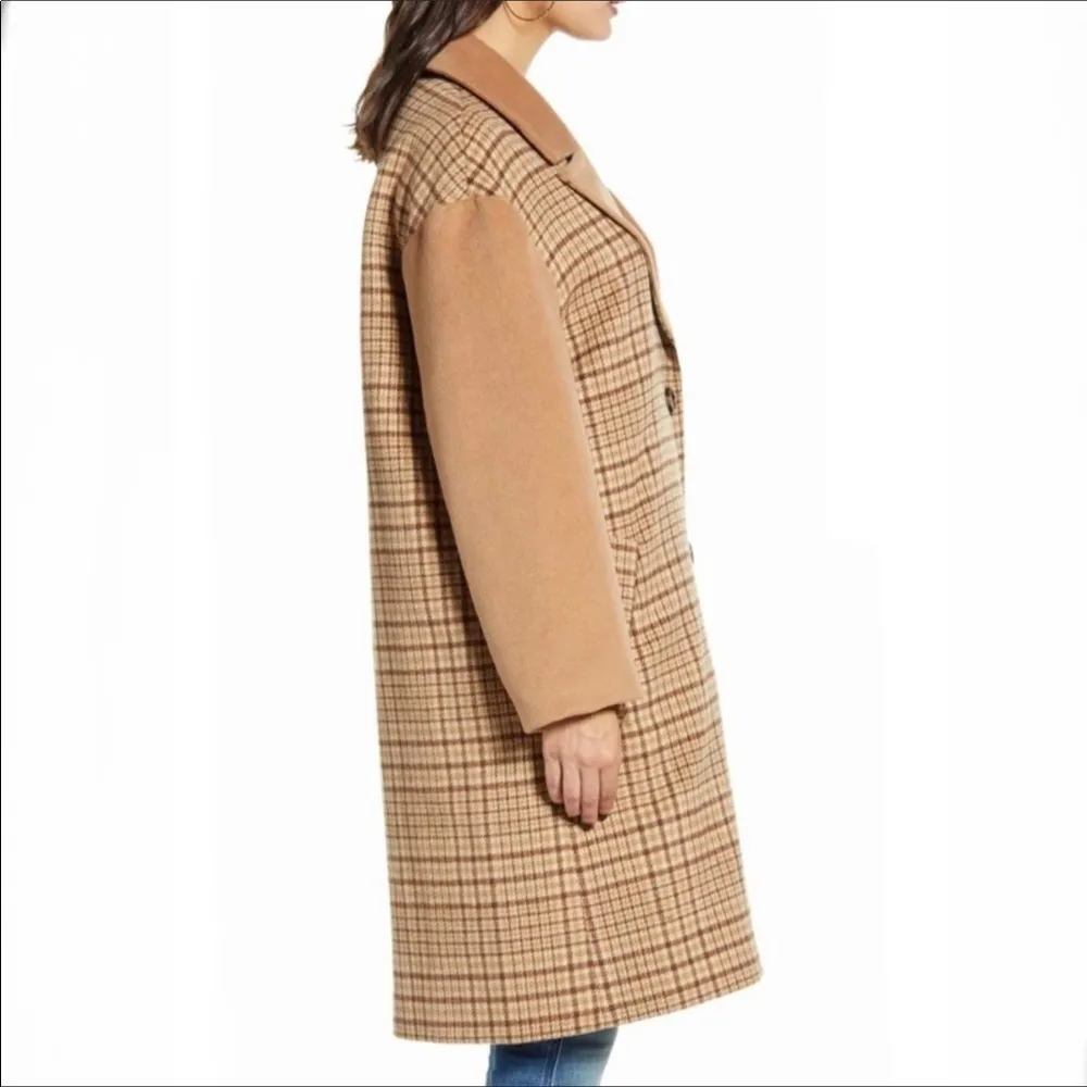 Mural Plaid Longline Coat Jacket Wool Blend Brown Size XL - Image 3