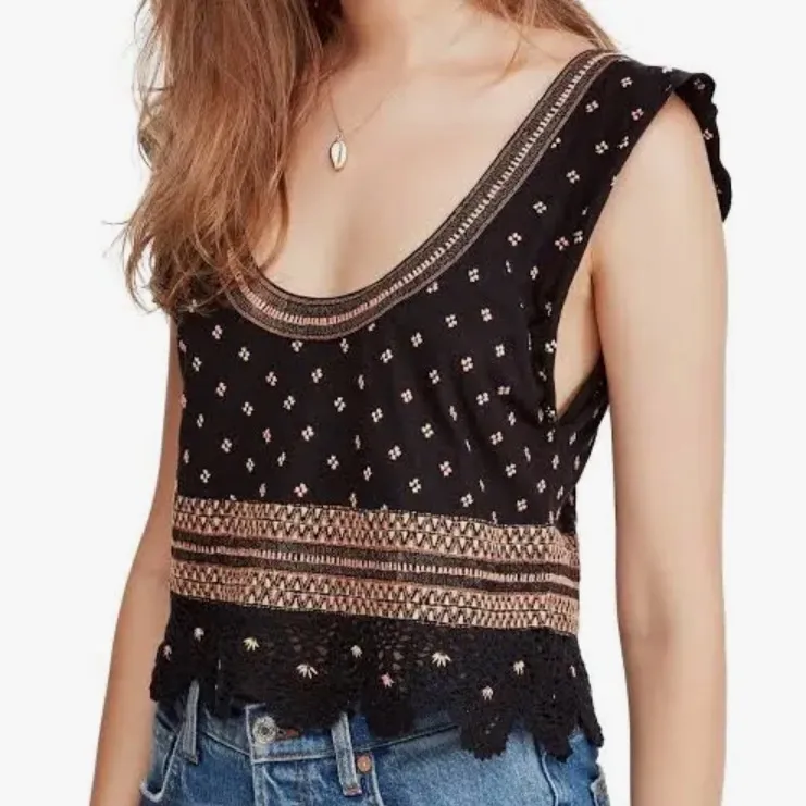 Free People Santorini Embroidered Top blouse cropped floral cotton black brown M - Image 14
