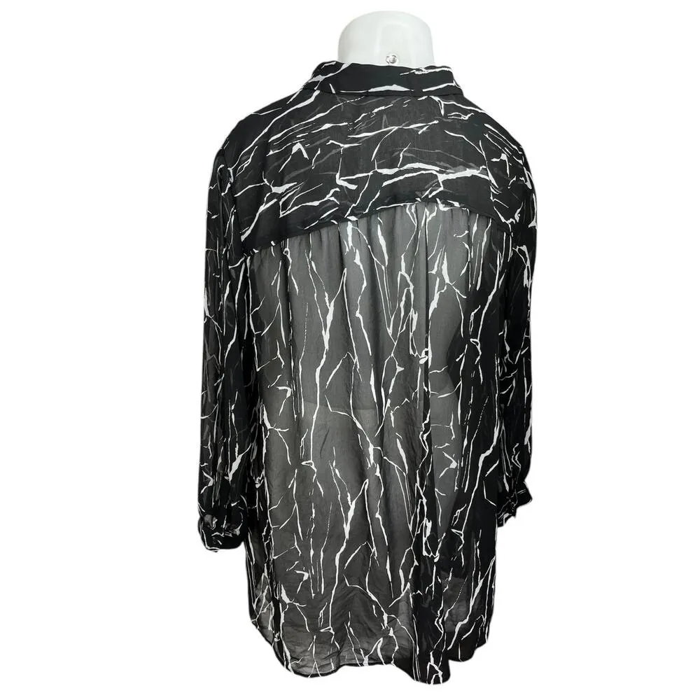 Sejour Black White Chiffon Long Sleeve Sheer Collar Button Down Shirt Top 20W - Image 2