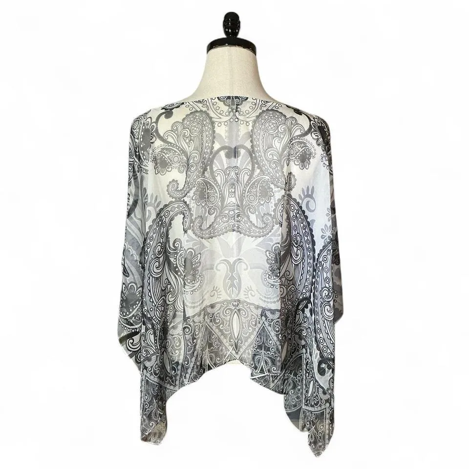 Womens Sheer Paisley Kimono Black White Boho Lightweight Cape Poncho Size undefined - Image 2