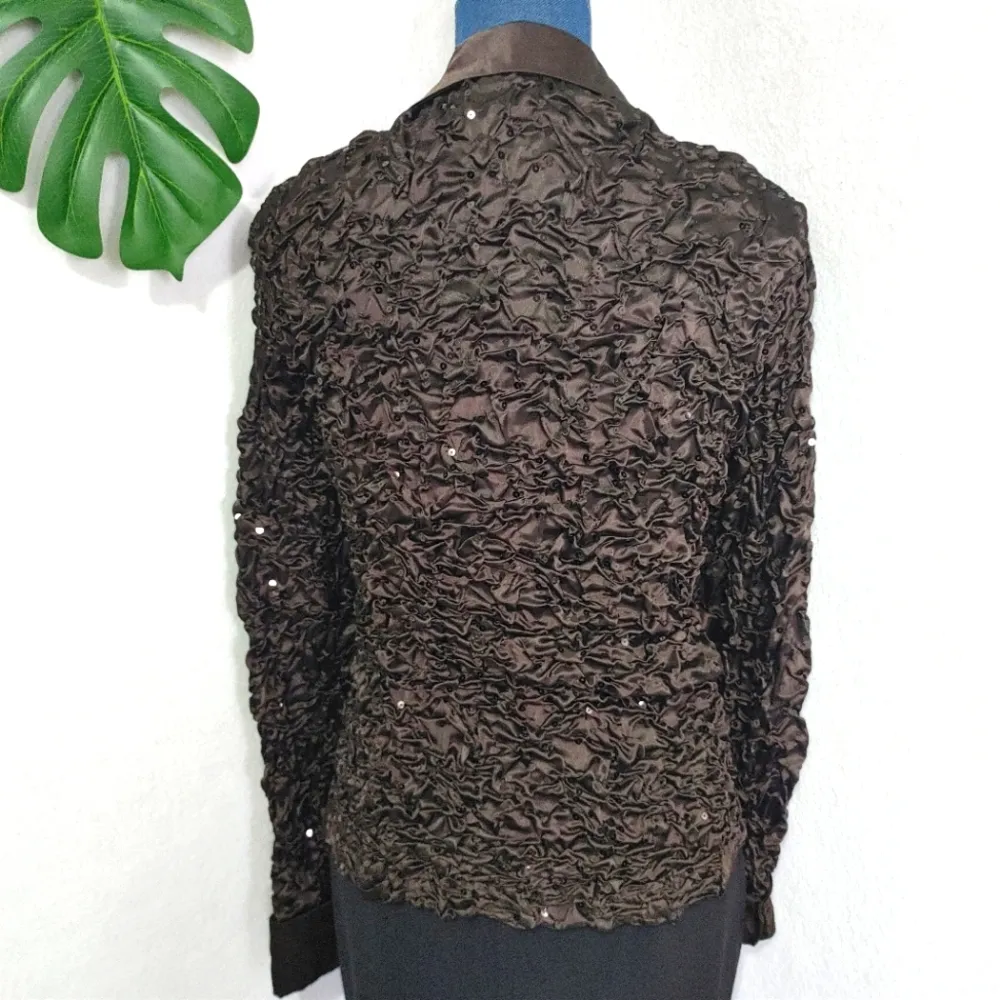 MSK Brown Crinkle Satin w/ Sequins Zipper Jacket - Image 4