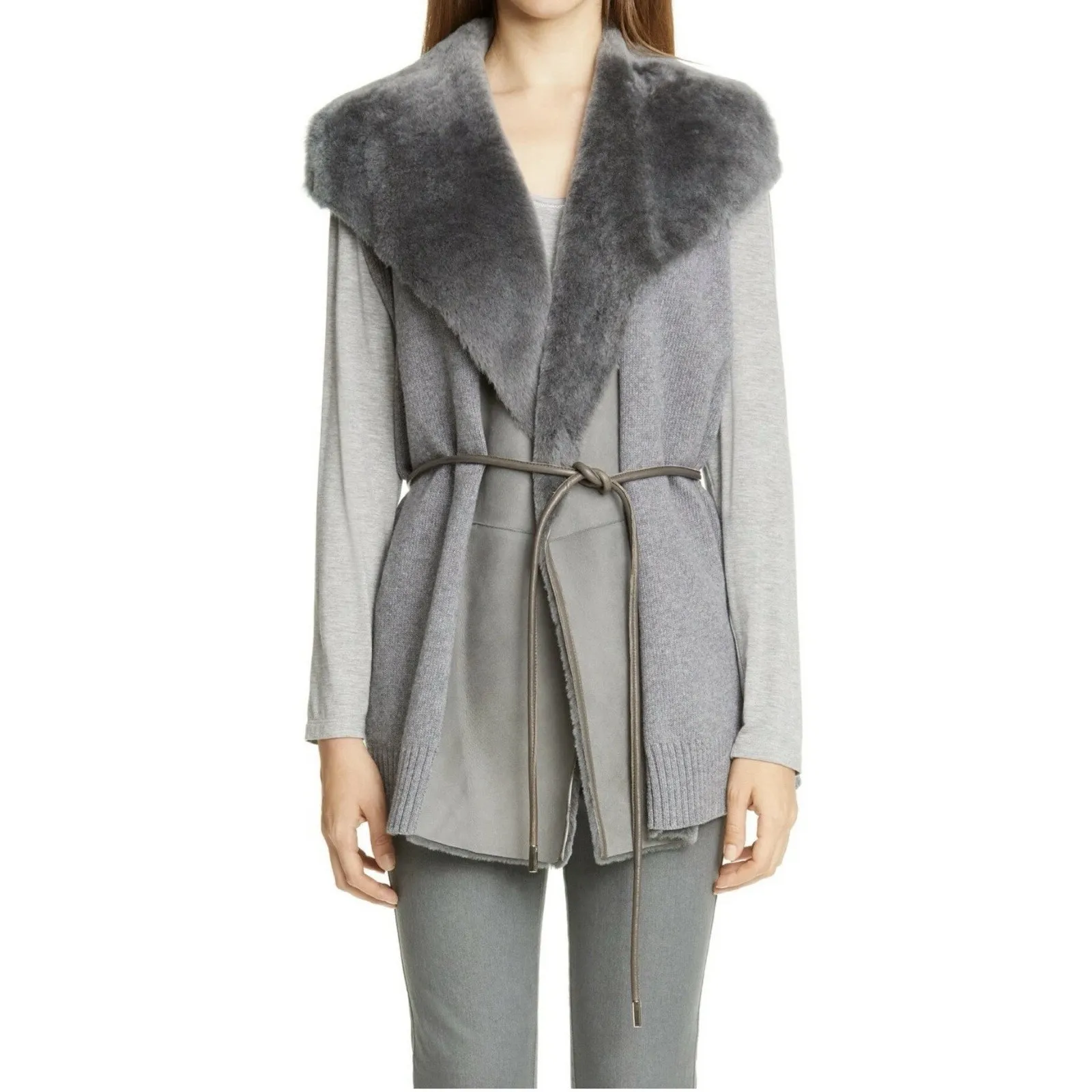 Lafayette 148 New York Genuine Shearling Panel Wool & Cashmere Vest XL Gray - Image 12
