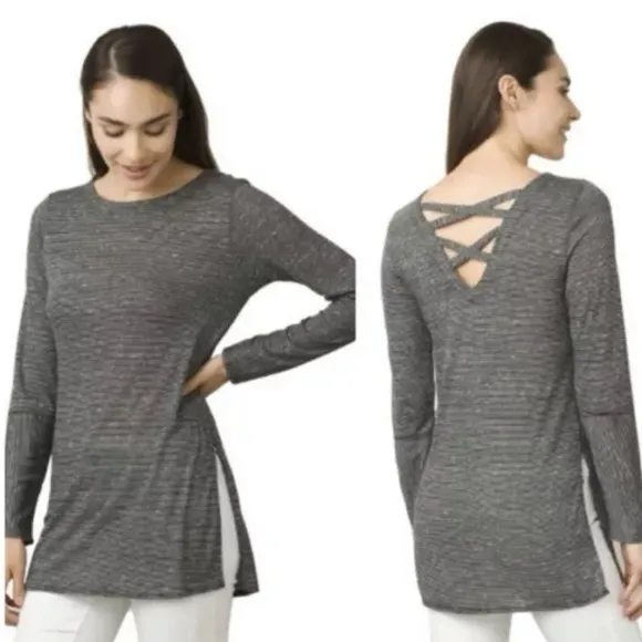 Esme Long Sleeve Tunic Top Size M Gray Stripe Strappy Criss Cross Back - Image 2