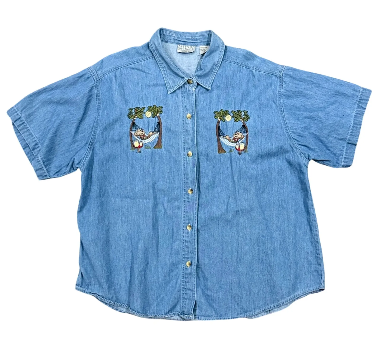 ALLYSON Whitmore Womens Denim Shirt Bears Hammock Embroidery Short Sleeve 2X Blue - Image 1