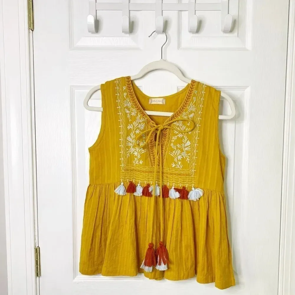 ALTAR'D STATE Mustard Yellow‎ Embroidered Tassel Boho Sleeveless Top - Image 3