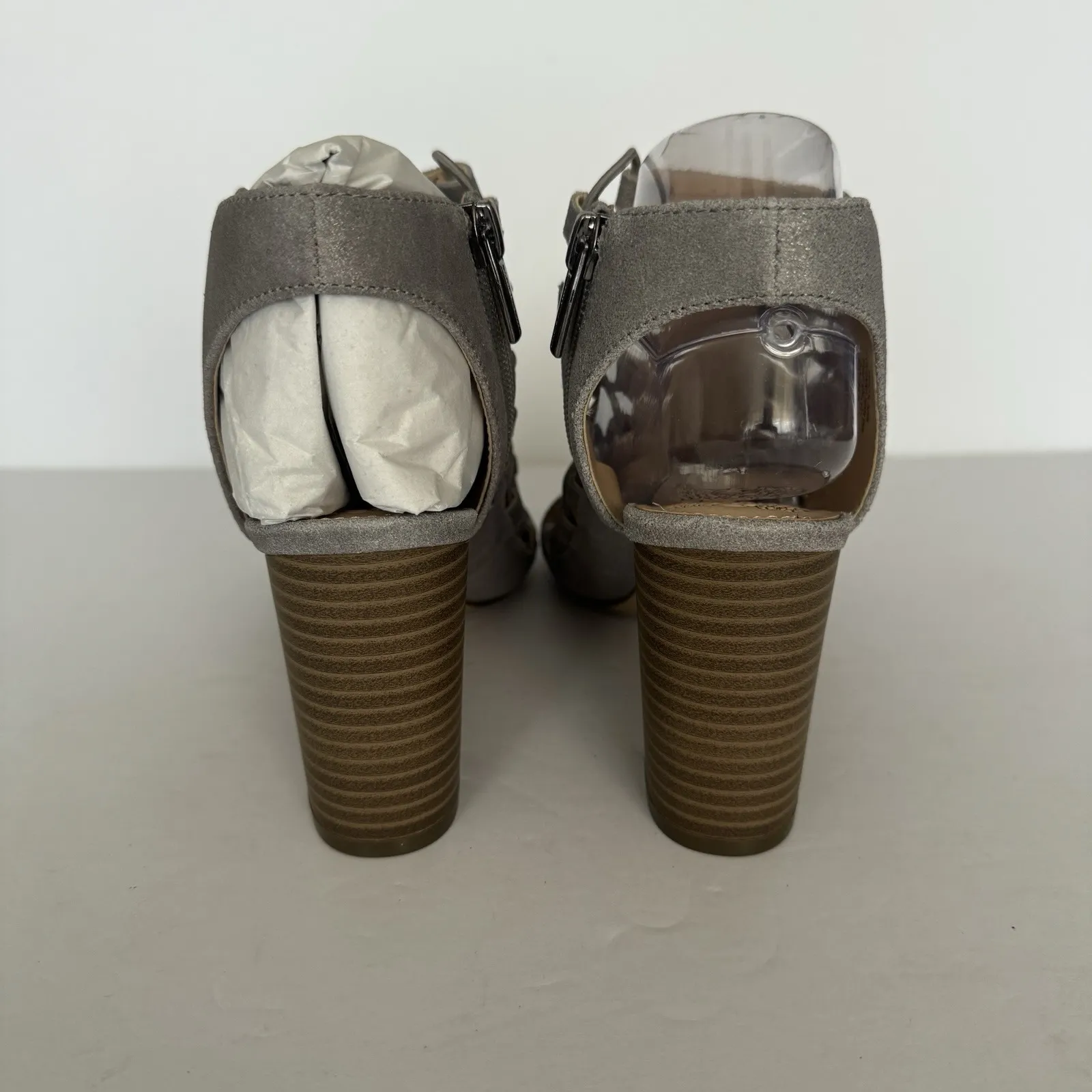 Vince Camuto Sandals Briaz‎ Womens 8 Wide Leather Block Shootie Caged Metal Gray - Image 7