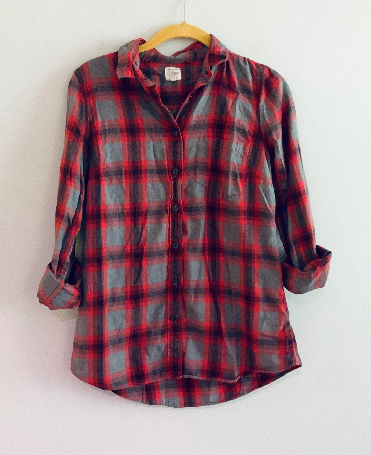 J Crew Factory Red Gray Plaid Button Down  - Image 3