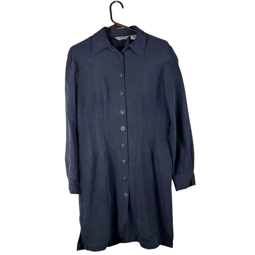Vintage AKA Eddie Bauer 100% Silk 8 Navy Blue Long Sleeved Button Up Shirt Dress - Image 2