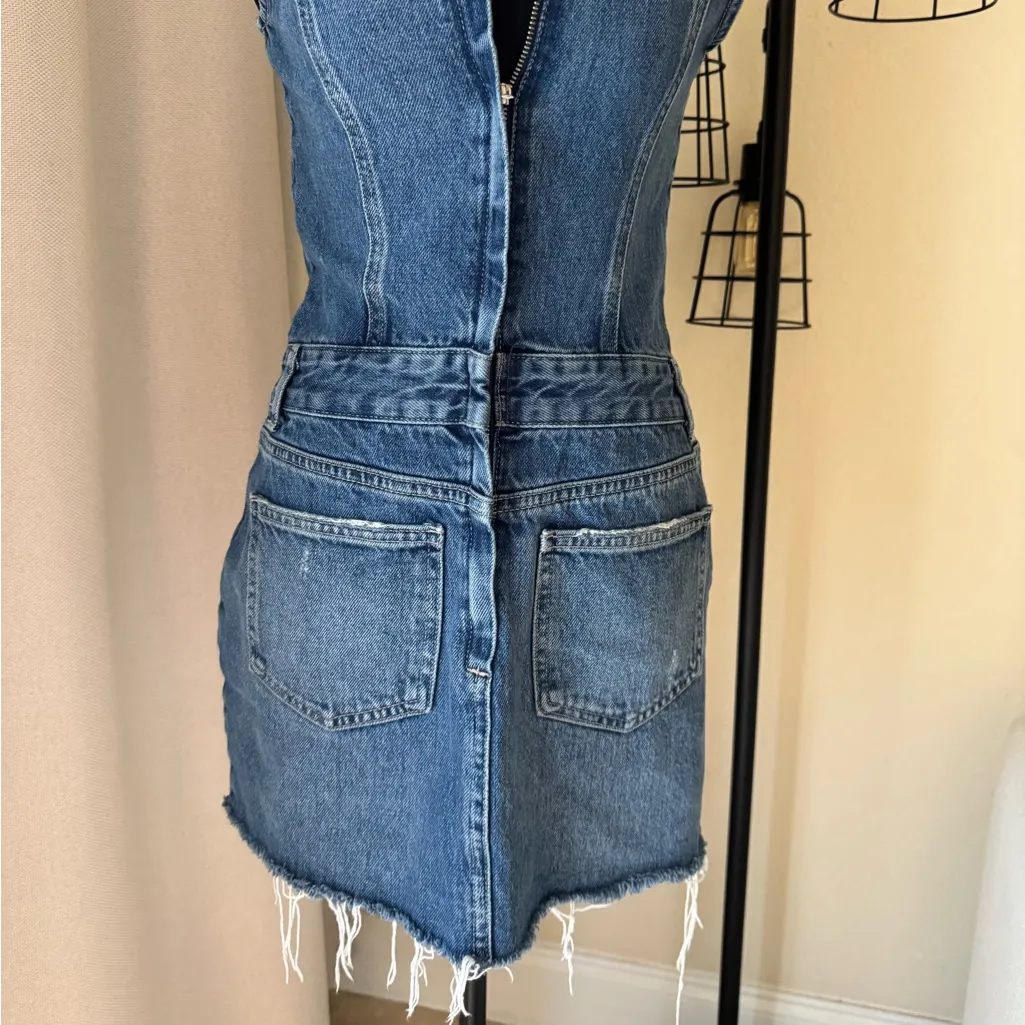 Zara Trendy Distressed Denim Mini Dress Front Zip Sleeveless Bodycon XS - Image 3