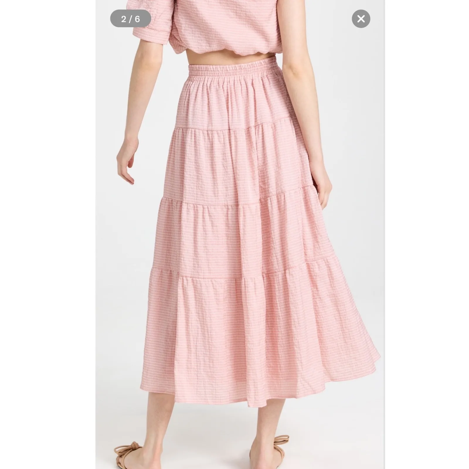 EN SAISON | Peach Pink Sparkle Tiered Boho Feminine Stripe Midi Skirt, Size S - Image 2