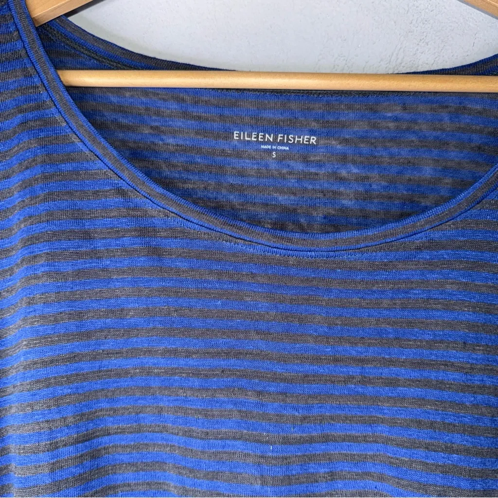 Eileen Fisher Blue Gray Stripe Long Sleeve Linen T-shirt Small - Image 3