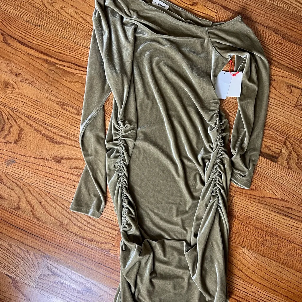 Open Edit Golden Olive Green Ruched Dress NWT - Image 2