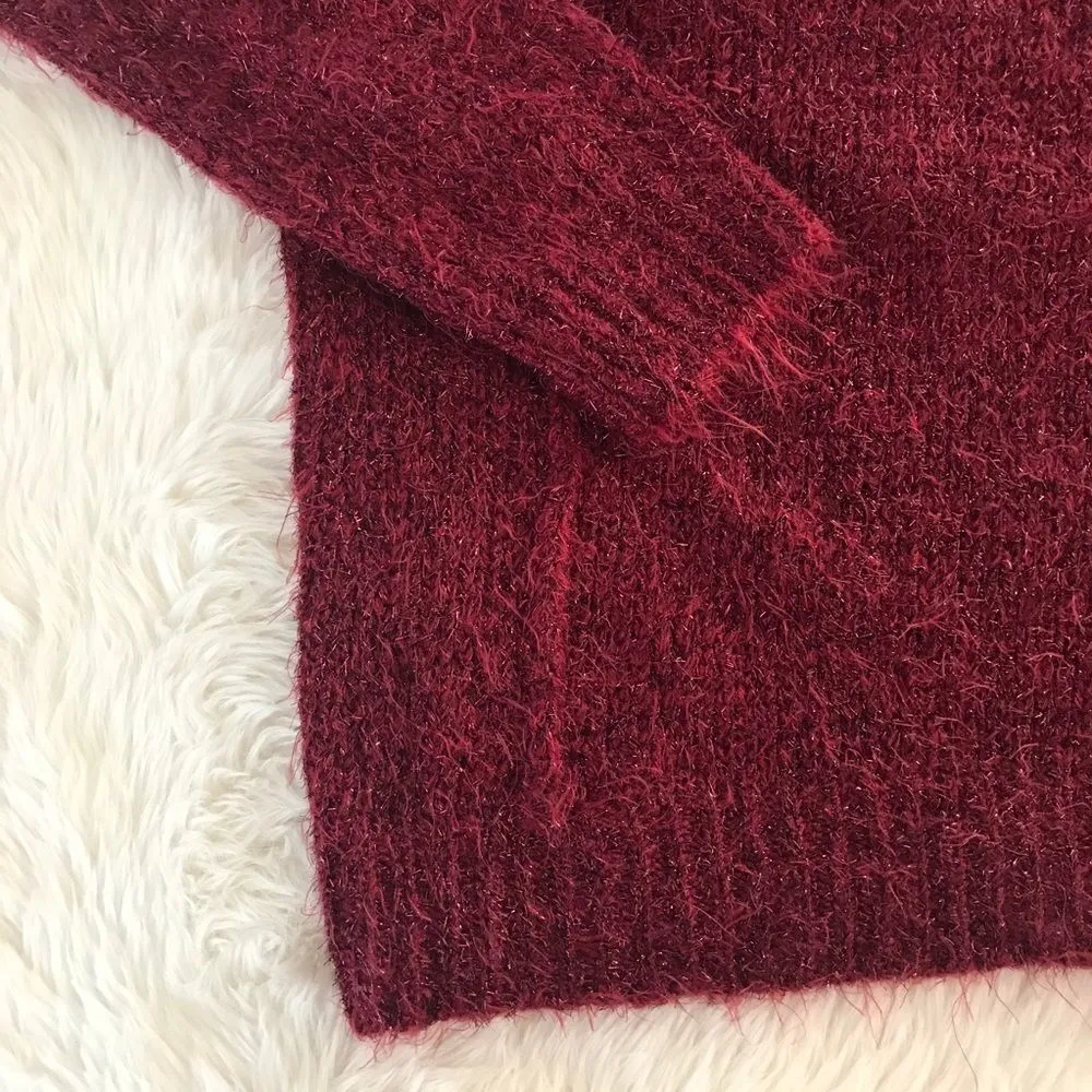 JENNIFER LOPEZ Red Fuzzy Sparkle Sweater‎ Pullover Shaggy Holiday Burgundy Small - Image 7