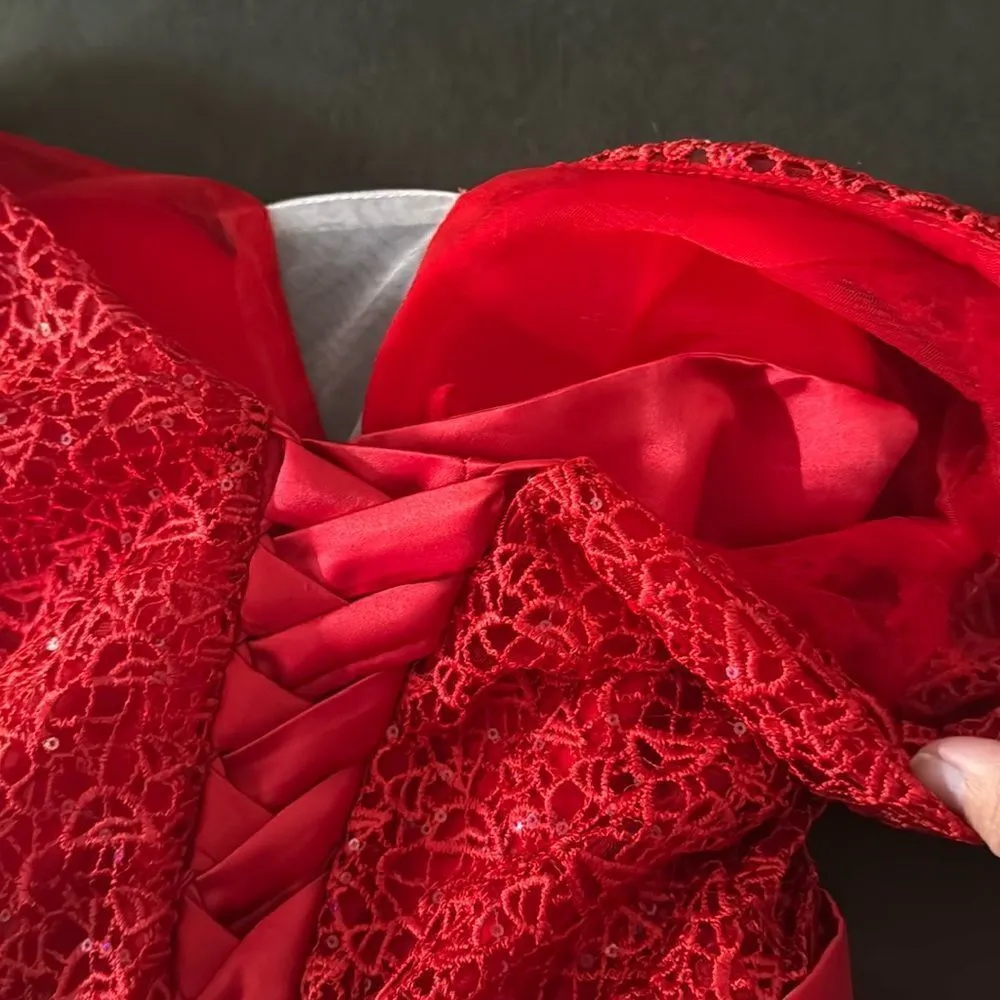 Red Full Length 3/4 Sleeve Sparkly Bodice Formal Prom Dress LegSlit Size 4 *READ - Image 11