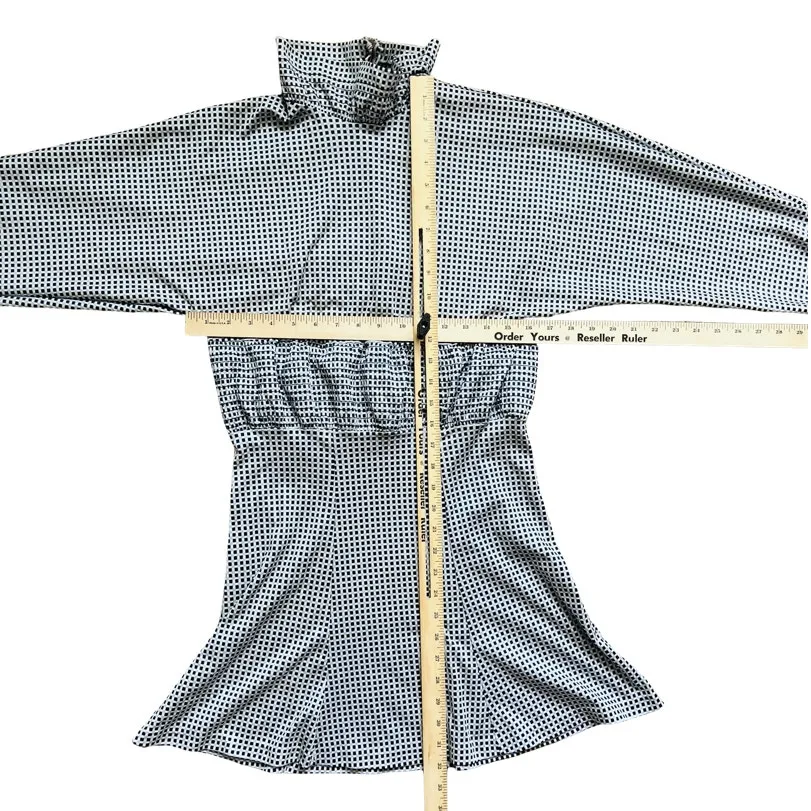 Vintage 70s Check Squares Shirred Blue Cream Tan Turtleneck Dress size S / M - Image 7