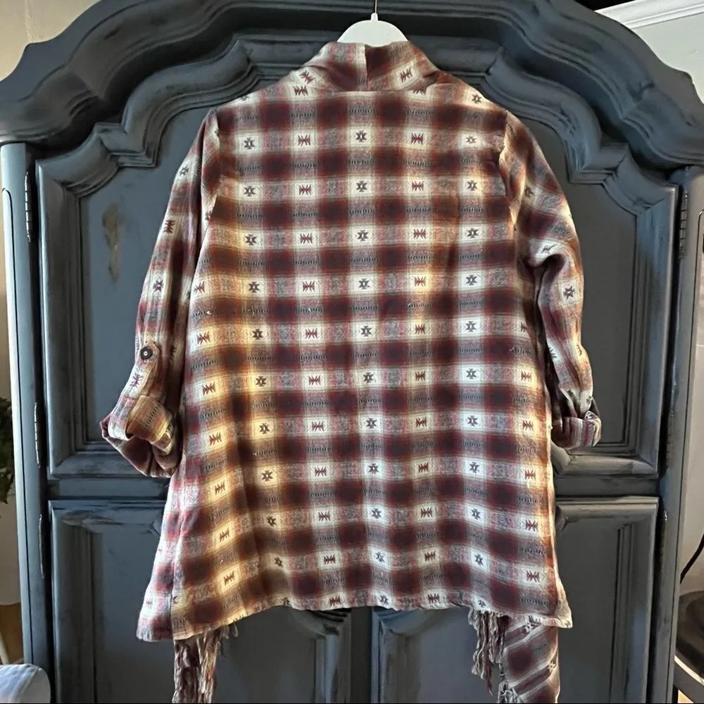 En Creme southwestern plaid flannel poncho shirt with fringe maroon Red Size XS - Image 2