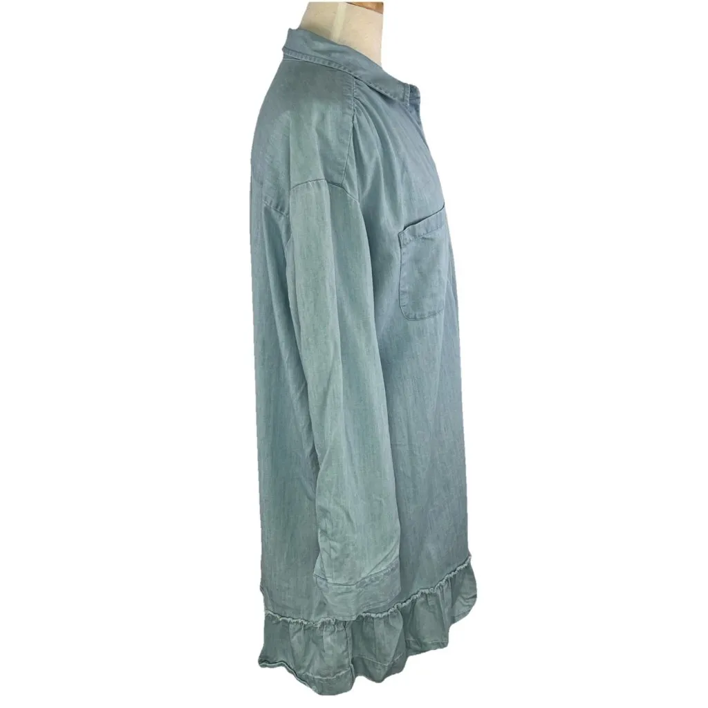 Wonderly L Blue Chambray Top Tunic Ruffle Hem Lyocell Button Front Long Sleeves - Image 6