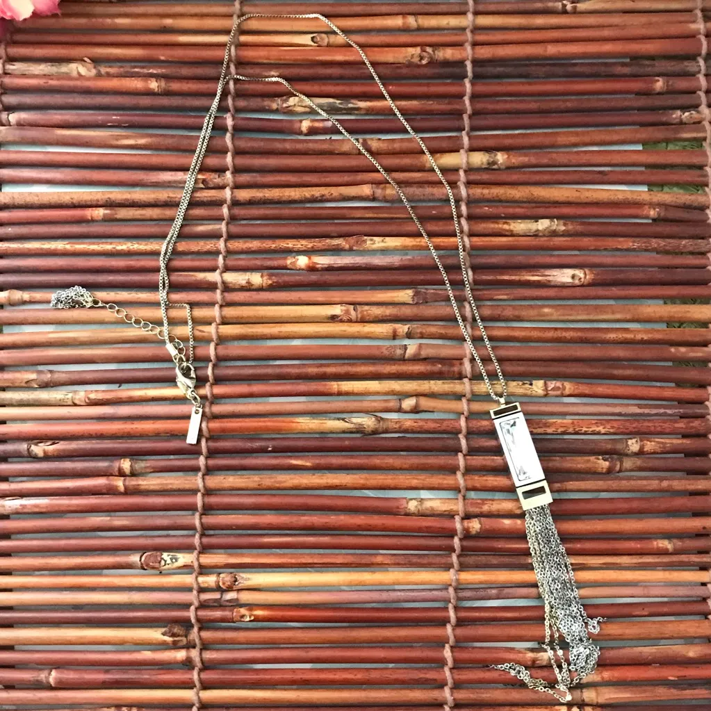 White House Black Market SIlver & Gold Tone Crytal Tassel Necklace - Image 9