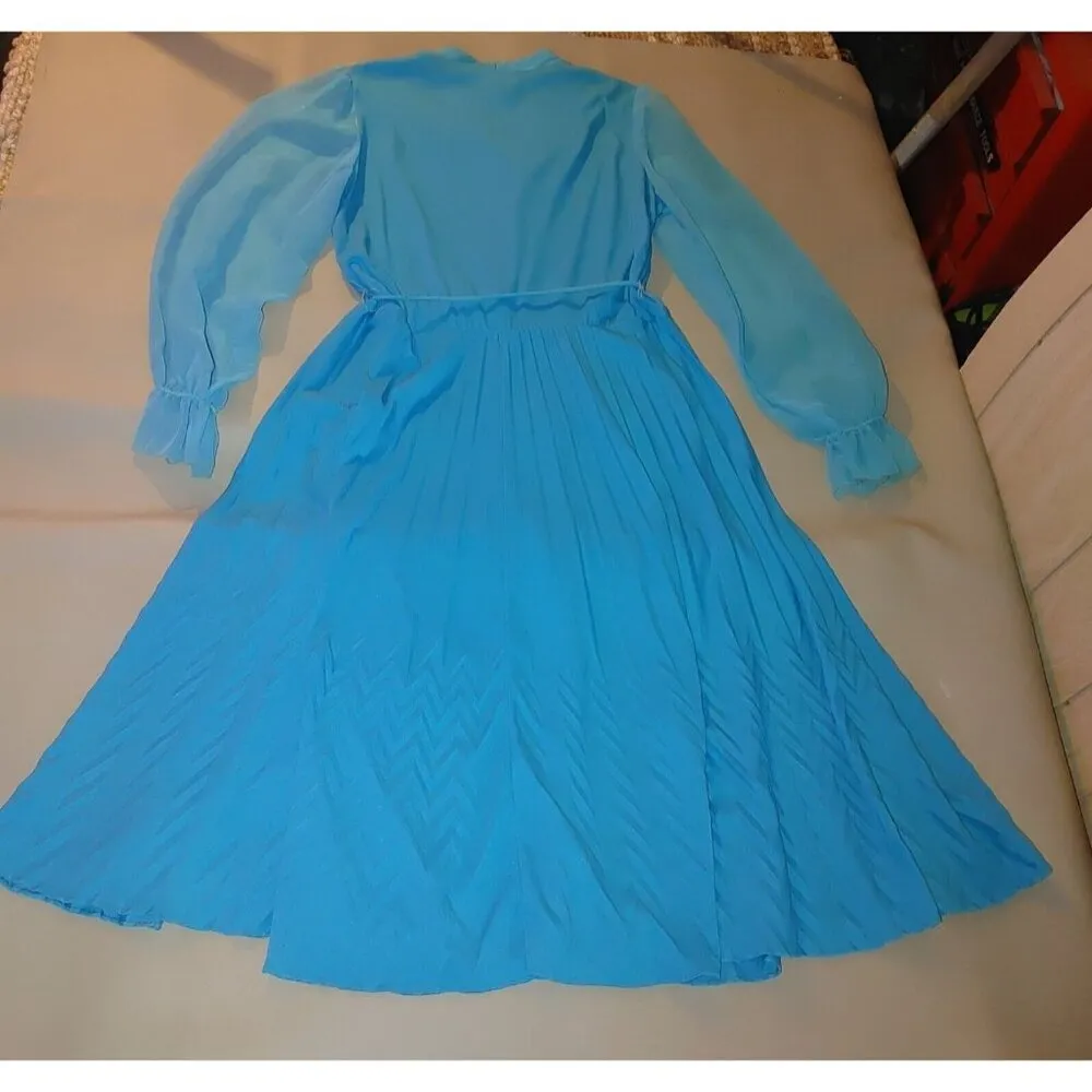 Women's Blue Midi 60 Sheer Polyester Long Sleeve Zig Zag V Neck Dress Vintage Size M - Image 10