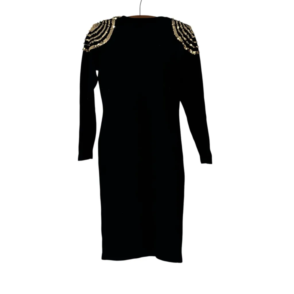 Outlander Petites Shiny Glam Gold Sequins Long Sleeve Soft Black Dress Lambswool Size undefined - Image 3