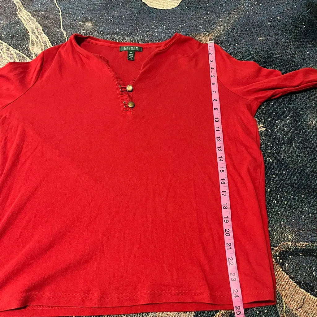 Lauren Ralph Lauren Red ¼ Button V‑Neck Blouse Women’s XL Classic Career Top Y2K - Image 11